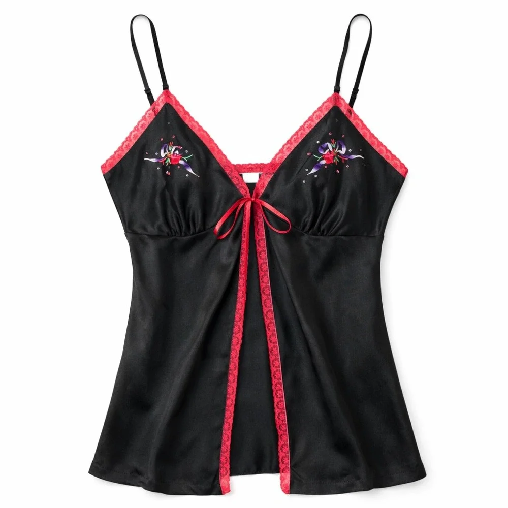 Victoria's Secret Vintage‎ Satin Babydoll Top Black Beaded Floral Medium 90s Y2K
